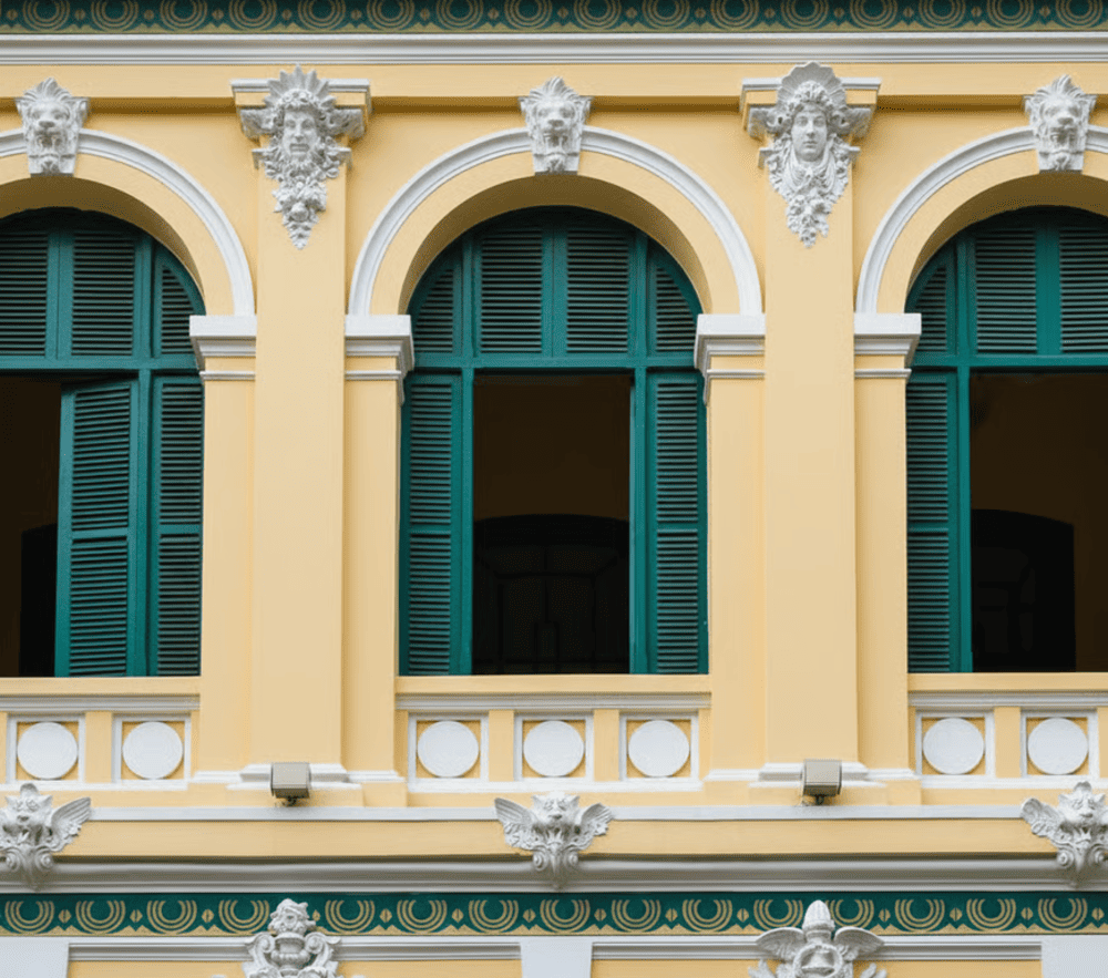 The blue windows, paired with the yellow paint, create an impressive contrast